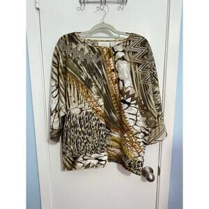 Chico's Blouse Large Animal Print Boho Tribal 3/4 Dolman Sleeve Officecore
